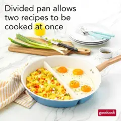 GoodCook 12" Healthy Ceramic Divided Fry Pan: Stainless Steel, Hand Wash, Electric & Gas Compatible, Blue