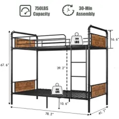 Whizmax Twin Over Twin Metal Bunk Bed with High Guardrail and Ladder, Twin Size Convertible Metal Bunk Beds for Kids/Teens/Adults,Easy Assembly