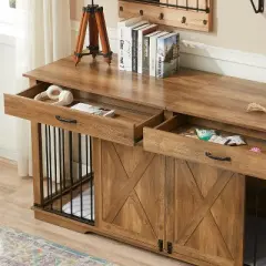 Large Dog Crate Furniture with Divider, Barn Door Design, Tabletop & Storage Drawers, Fits Dogs up to 200 lbs