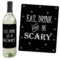 Big Dot of Happiness Spooktacular - Eat, Drink and Be Scary Halloween Party Decorations for Women and Men - Wine Bottle Label Stickers - Set of 4
