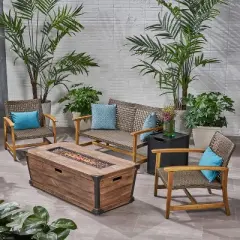 GDFStudio Savannah Outdoor Acacia Wood and Wicker 4 Seater Chat Set with 50,000BTU Fire Pit