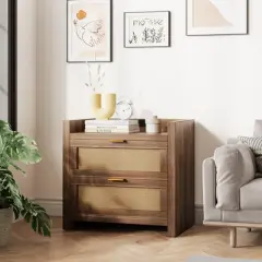 Night Stand Set of 2 Rattan Nightstands with Charging Station 23.6" Wide Boho Bedside Tables with 2 Drawers Modern Larger Nightstands, Brown