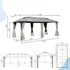DSVIMOY Outdoor Gazebo with Double Roofs, Gazebo Canopy Tent for Deck Backyard Garden, Gray, 240"*120"*105.6"