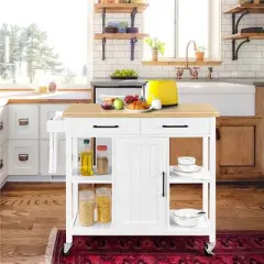Yaheetech Mobile Kitchen Island Kitchen Trolley Cart with Adjustable Shelves White
