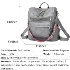FURNIinspire Backpacks PU Leather Ladies Fashion Backpack Purse with Adjustable Straps and Multiple Pockets, Grey, 13"*6"*14"