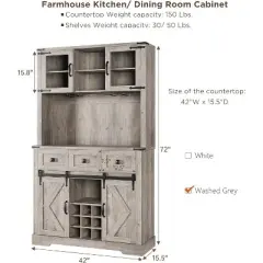 72" Kitchen Pantry Storage Cabinet with Hutch and Sliding Barn Door, Farmhouse Tall Buffet Cabinet with Drawers