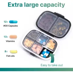 Sukuos Daily Use Pill Organizer Case, 8 Easy to Open Compartments, X-Large Portable Travel Pill Box, Medicine Container & Vitamin Holder
