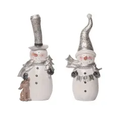 Transpac Small Metallic Snowman Figurine Set of 2 Christmas Home Decorations Resin Decorative Objects