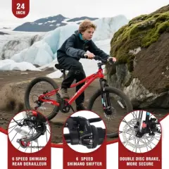 NAYSAYE Mountain Bike 24 Inch 6 Speed Steel Frame with Suspension Fork for Boys and Girls, Red, 61.42"*23.63"*36.62"