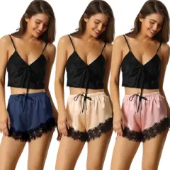 cheibear Womens Satin Lace Elastic Waist Pajama Shorts 3 Pcs