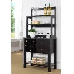 FC Design Two-Toned Baker's Rack Kitchen Utility Storage Cabinet with Wine Rack and Black Faux Marble Top in Red Cocoa Finish