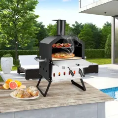 Costway 2-Layer Pizza Oven Wood Fired Pizza Grill Outside Pizza Maker with Waterproof Cover
