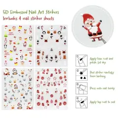 Wrapables 5D Embossed Festive Holiday Nail Art Decal Stickers, Self Adhesive Xmas Design (Set of 4)