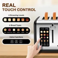Mecity 4-Slice Toaster, Touch Screen, Dual Control, Defrost/Reheat, 1650W, Stainless Steel