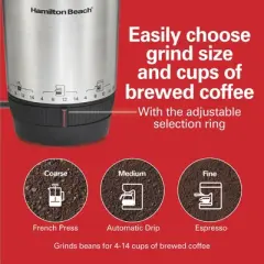 Hamilton Beach SS Custom Grind Coffee Grinder 80406: 12 Settings, Stainless Steel, 14 Cup Capacity, Electric Blade Grind