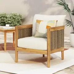 Christopher Knight Home Burchett Outdoor Acacia Wood and Rattan Club Chair with Cushions