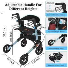 JUJABU Lightweight Foldable Rollator Walker with Seat, 8" All-Terrain Rubber Wheels, Backrest, Handles, Aluminum Frame for Seniors & Adults