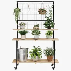 3-Tier Heavy Duty Plant Stand with Wheels, Adjustable Indoor/Outdoor Flower Shelf with Hanging Rod & Trellis, Multi-Purpose Display Rack (Black)