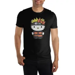 Mens Hello Kitty Naruto Anime Cartoon Crossover Black Shirt