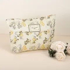 Unique Bargains Women's Portable Canvas Makeup Bag White Yellow 1 Pc