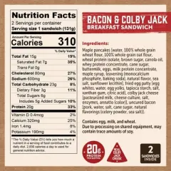 Kodiak Cakes Frozen Breakfast Sandwich Bacon and Colby Jack Cheese - 9.24oz/2ct