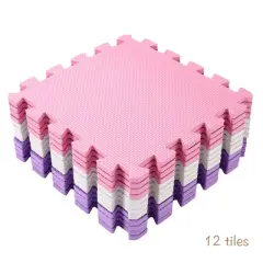 Easy Playhouse: 12 Soft Foam Floor Tiles - Pink-Purple-White, Interlocking Mat