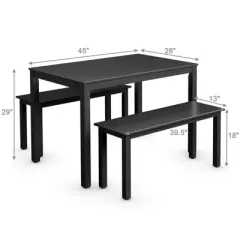 3pcs Dining Set Modern Studio Collection Table with 2 Benches Wood Legs Black