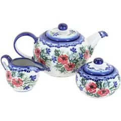 Blue Rose Polish Pottery 1700 WR Unikat 3 Piece Tea Set