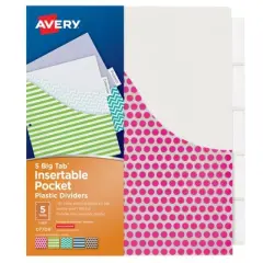 Avery&reg; Big Tab&trade; Insertable Plastic Dividers with Pockets, 5-Tab Set, Assorted Designs, 6 Sets