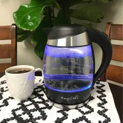 MegaChef 1.8L Electric Tea Kettle - Black: Glass Water Boiler, Hot Pot, Blue Light, 360&deg; Base, Dripless Spout