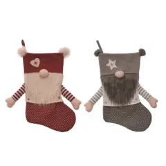 Transpac Fabric Gnome Stocking Set of 2 Christmas Home Decorations Holiday Stockings Made of Durable Polyester
