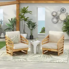 Christopher Knight Home Venteb Patio Slat Design Acacia Wood Upholstered Club Chair, Teak/Beige, Set of 4