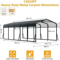 Acekool 12x24 FT Heavy Duty Metal Carport with Galvanized Steel Roof, Outdoor Shelter with Reinforced Base, Tall Garage for Cars, Trucks, Boats, Gray