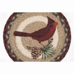 Earth Rugs Cardinal Pinecone Round Trivet &ndash; 10" Red Bird & Pine Print on Braided Natural Jute Table Mat