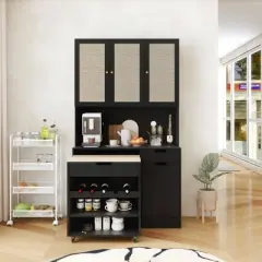 69 Inch Buffet Cabinet,Kitchen Pantry Storage Cabinet with Microwave Stand And 3 Rattan Doors-Maison Boucle