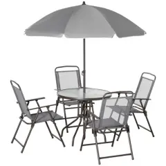 36.50"Outsunny 6 Piece Patio Dining Set for 4 with Umbrella, Outdoor Table and Chairs with 4 Folding Dining Chairs & Round Glass Table, Gray