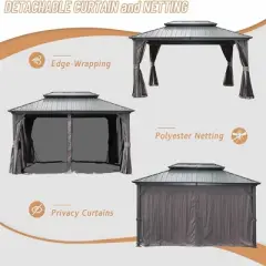 Hardtop Gazebo, with Galvanized Steel Double Roof Canopy, Curtain and Netting, Permanent Gazebo Pavilion for Outdoor