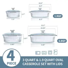 Itopfox 4-Piece Glass Casserole Baking Dish Set with Lids, Includes 2 Casseroles for Baking, Serving and Storing, Borosilicate Glass