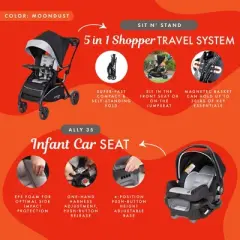 Baby Trend Sit N' Stand 5-in-1 Stroller Single Shopper Travel System with Ally 35 Infant Car Seat, MagneTec Storage Basket, and Canopy, Moondust