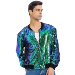 Lars Amadeus Men's Sequin Varsity Long Sleeve Zipper Glitter Sequins Bomber Jacket