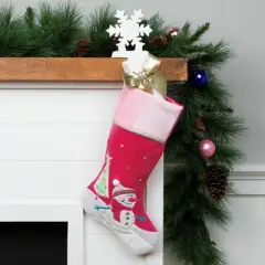Northlight 20.5" Pink Embroidered Ice Skating Snowman and Christmas Tree Stocking