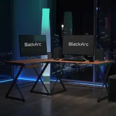 BlackArc L-Shaped Gaming Desk Teakwood Finish Laminate Top-Black Powder Coated Frame-Pull Out Keyboard-87" Overall Diagonal Width