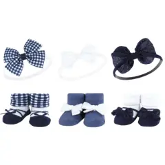 Hudson Baby Infant Girl 12Pc Headband and Socks Giftset, Navy Gingham, One Size
