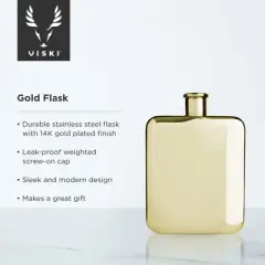 Viski Gold Flask, Stainless Steel Flask with Screw Top, 14K Gold Plated Liquor Flask for Women and Men, 6 Ounces, Gold, Set of 1