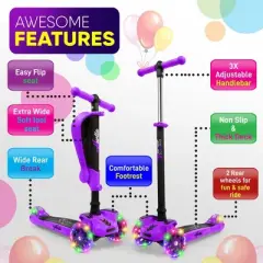 Hurtle ScootKid 3 Wheel Toddler Child Mini Ride On Toy Tricycle Scooter with Colorful LED Light Up Smooth Rolling Wheels, Purple