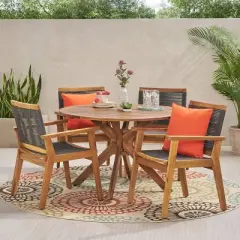 Mcgill 5pc Patio Acacia Wood Dining Set - Teak/Dark Gray - Christopher Knight Home: Outdoor Elegance with Rope Weave Chairs & Round Table
