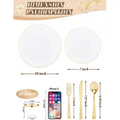 Itopfox 300PCS White and Gold Plastic Dinnerware Set for 50 Guests Includes Dinner Plates, Cake Plates, Cutlery, Cups for Wedding, Birthday