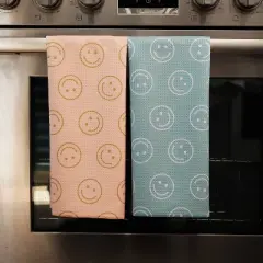 Geometry Tea Towel Set Mood: Modern Smiley Face Design, Quick Dry Microfiber, 2-Piece Kitchen Textile, Orange & Green