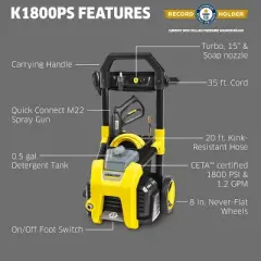 Karcher K1800PS Electric Pressure Washer, 1800 PSI, 1.2 GPM, CETA Certified