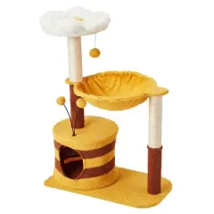 EROMMY 36.6" Flower Cat Tree with Well-padded Perch, Cat Tower with Sisal Scratching Posts and Interactive Toys, Yellow